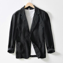 (black, L) Oversize-Safari-Jacke für Herren aus Leinen-Baumwoll-Mischgewebe, einfarbig, langärmelig, für den Frühling