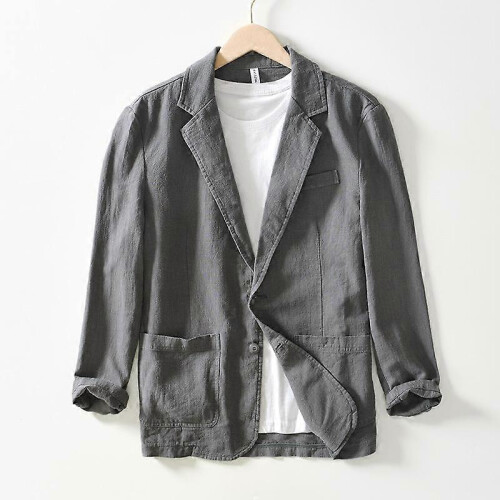(grey, M) Men's Oversized Solid Linen Cotton Safari Jacket Spring Casual Long Sleeve