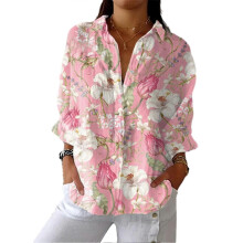 (S D) Chic Women's Floral Lapel Long Sleeve Blouse Loose Fit Button Down Shirt