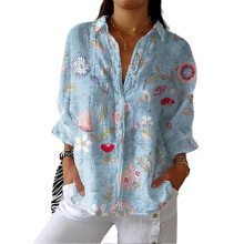 (2XL C) Chic Women's Floral Lapel Long Sleeve Blouse Loose Fit Button Down Shirt
