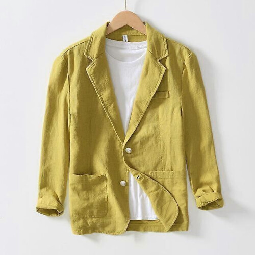 (yellow, M) Men's Oversized Solid Linen Cotton Safari Jacket Spring Casual Long Sleeve
