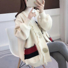 (creamy-white, L) Women's 2022 Winter Knitted Tassel Sweater Coat Casual Jacket