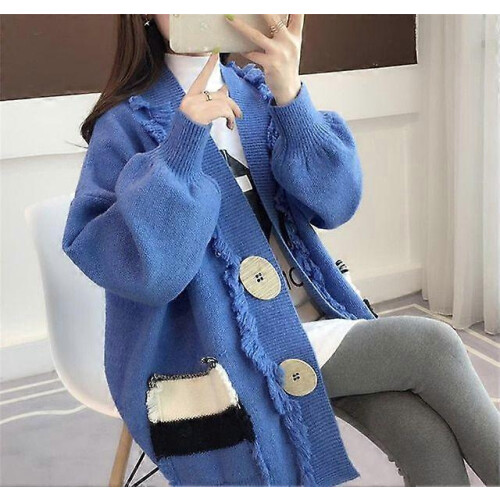 (Blue, XL) Damen-Winterjacke 2022, Strickpullover mit Quasten, Freizeitjacke