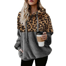 (Gray, S) Sweat à capuche en peluche douce à imprimé léopard pour femme, avec poches et cordon de serrage ajustable
