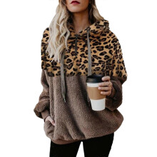 (Red Khaki, S) Sweat à capuche en peluche douce à imprimé léopard pour femme, avec poches et cordon de serrage ajustable