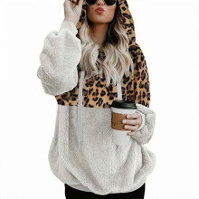 (White, XL) Sweat à capuche en peluche douce à imprimé léopard pour femme, avec poches et cordon de serrage ajustable