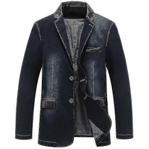(Blue, M) Premium Men's Slim Fit Denim Jacket with Leather Patchwork Details 25-26