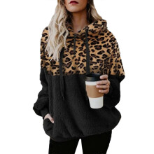 (Black, 2XL) Sweat à capuche en peluche douce à imprimé léopard pour femme, avec poches et cordon de serrage ajustable