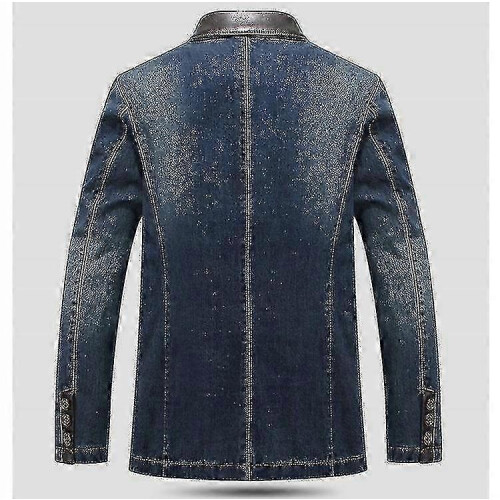 (Blue, M) Premium Men's Slim Fit Denim Jacket with Leather Patchwork Details 25-26 2