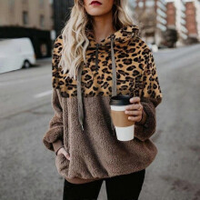 (Red Khaki, 4XL) Sweat à capuche en peluche douce à imprimé léopard pour femme, avec poches et cordon de serrage ajustable