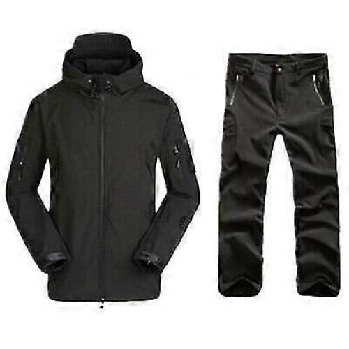 (Black, M) Men's Tactical Softshell Camo Hunting Set Waterproof Windbreaker Jacket Pants