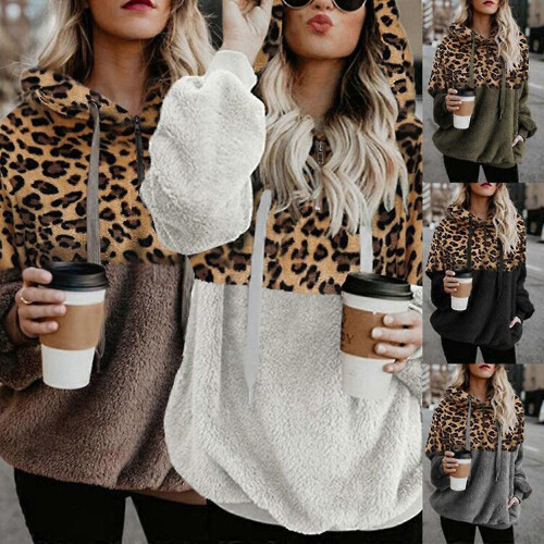 (White, M) Women's Cozy Leopard Print Plush Hoodie with Pockets and Adjustable Drawstring 1
