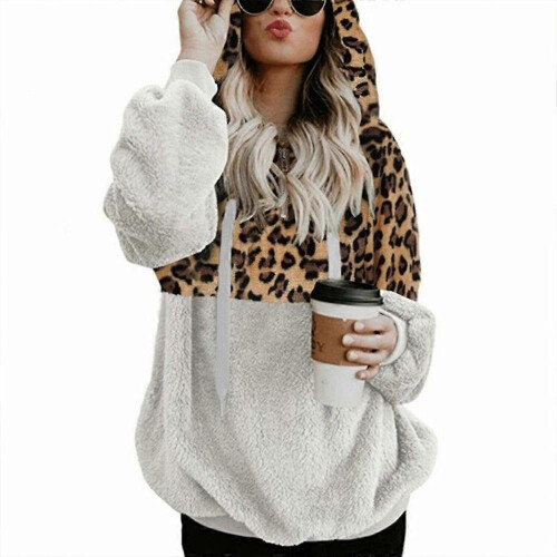 (White, M) Women's Cozy Leopard Print Plush Hoodie with Pockets and Adjustable Drawstring 2