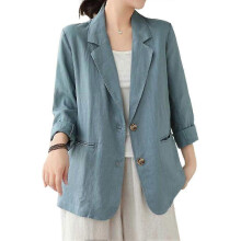 (Blue, Small) Women's Cotton Linen Blazer 2024 Lightweight Long Sleeve Business Casual Spring Summer Jacket