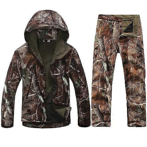 (tree camo, M) Men's Tactical Softshell Camo Hunting Set Waterproof Windbreaker Jacket Pants