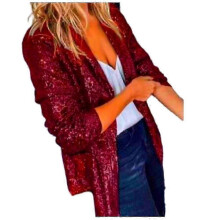 (DARK RED, 3XL) Damkavaj med paljettmönster och glitterärmar