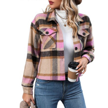 (Pink, M) Women's Vintage Plaid Loose Shacket Button Down Long Sleeve Wool Coat with Pockets Black S