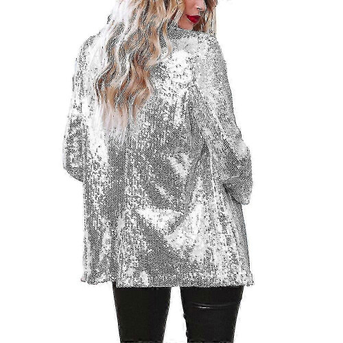 (SILVER, 3XL) Women's Sequin Blazer Bomber Jacket with Glitter Sleeves 2