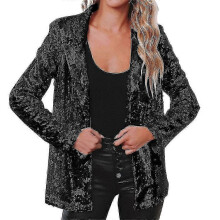 (BLACK, XL) Women's Sequin Blazer Bomber Jacket with Glitter Sleeves