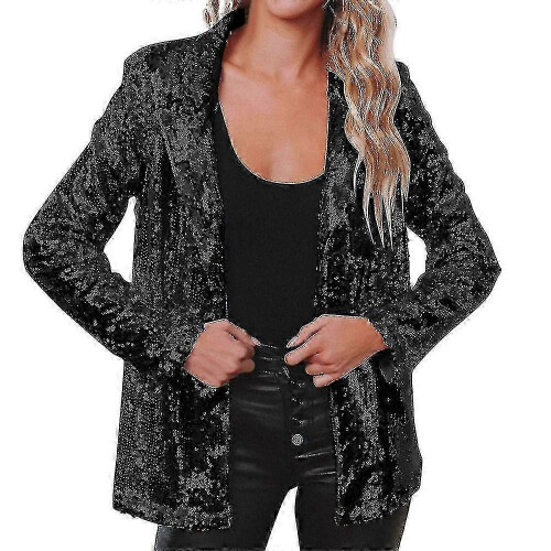 (BLACK, XL) Women's Sequin Blazer Bomber Jacket with Glitter Sleeves