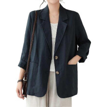 (Navy, X-Large) Blazer da donna in cotone e lino 2024, leggero, a maniche lunghe, ideale per lavoro e tempo libero, primavera/estate.