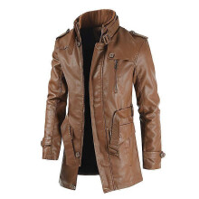 (brown, 3XL) Ny herre trenchcoat i koreansk stil med mellomlang skinn og slim fit, ståkrage, pluss størrelse