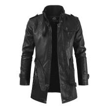 (black, XL) Ny herre trenchcoat i koreansk stil med mellomlang skinn og slim fit, ståkrage, pluss størrelse