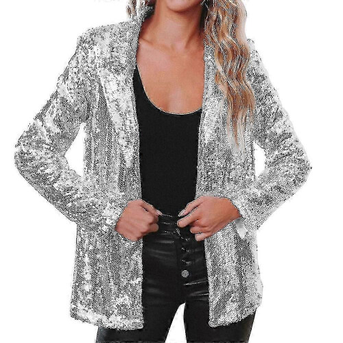 (SILVER, 3XL) Women's Sequin Blazer Bomber Jacket with Glitter Sleeves