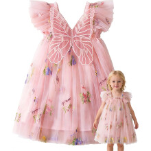 (Pink, 5T) Baby Butterfly Tulle Dress Fairy First Birthday Party Toddler Girl Dress