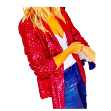 (RED, L) Women's Sequin Blazer Bomber Jacket with Glitter Sleeves