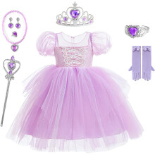 (Purple, 7Y) Girls Purple Baby Princess Dress Set with Accessories Puff Sleeves Tulle Gown for Birthday Party