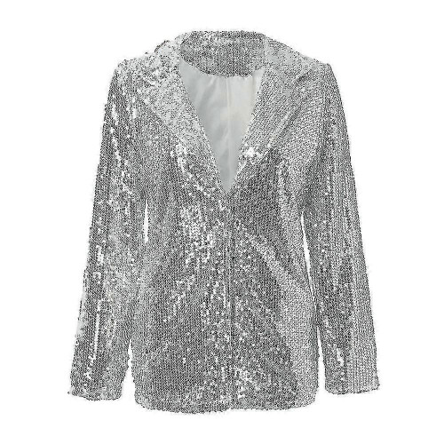 (BLACK, S) Women's Sequin Blazer Bomber Jacket with Glitter Sleeves 2