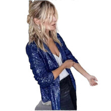(BLUE, 3XL) Blazer bomber da donna con paillettes e maniche glitterate