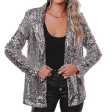 (PINK GOLD, S) Women's Sequin Blazer Bomber Jacket with Glitter Sleeves
