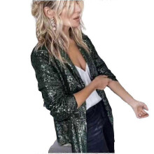 (GREEN, 2XL) Blazer bomber da donna con paillettes e maniche glitterate