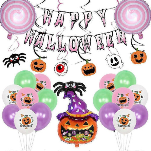 (Set two) Halloween Spider Pumpkin Pull Flag Balloon Set 2 Pack Black Pink White Orange Decor