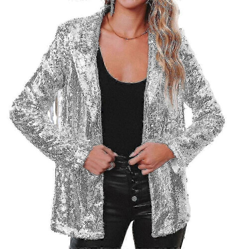 (BLACK, S) Women's Sequin Blazer Bomber Jacket with Glitter Sleeves