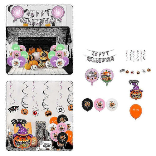 (Set two) Halloween Spider Pumpkin Pull Flag Balloon Set 2 Pack Black Pink White Orange Decor 2