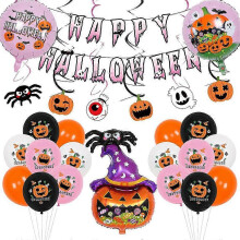 (Set one) Set di 2 palloncini a forma di ragno, zucca e bandierina per Halloween, colore nero, rosa, bianco e arancione.