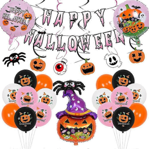 (Set one) Halloween Spider Pumpkin Pull Flag Balloon Set 2 Pack Black Pink White Orange Decor
