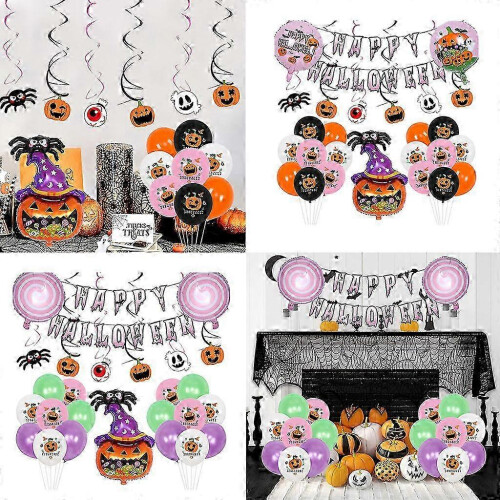 (Set one) Halloween Spider Pumpkin Pull Flag Balloon Set 2 Pack Black Pink White Orange Decor 1