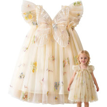 (Champagne, 4T) Baby Butterfly Tulle Dress Fairy First Birthday Party Toddler Girl Dress