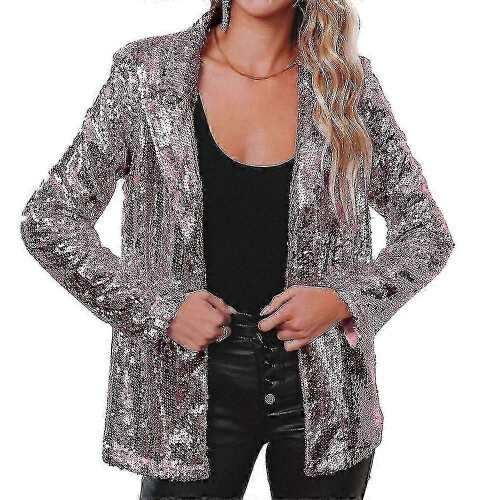 (PINK GOLD, XL) Blazer bomber da donna con paillettes e maniche glitterate