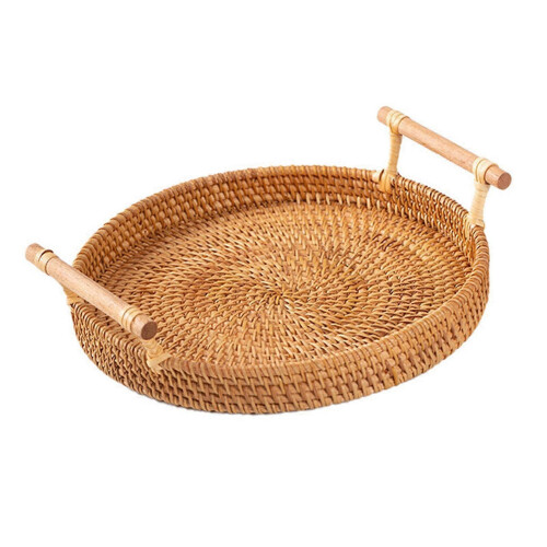 (24cm) Handmade Round Basket With Handle Coffee Tea Serving Tray Holder 1