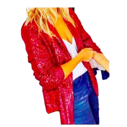 (RED, M) Women's Sequin Blazer Bomber Jacket with Glitter Sleeves