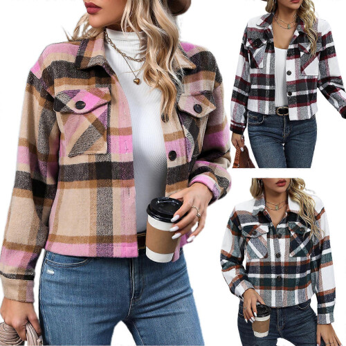 (Pink, S) Women's Vintage Plaid Loose Shacket Button Down Long Sleeve Wool Coat with Pockets Black S 1