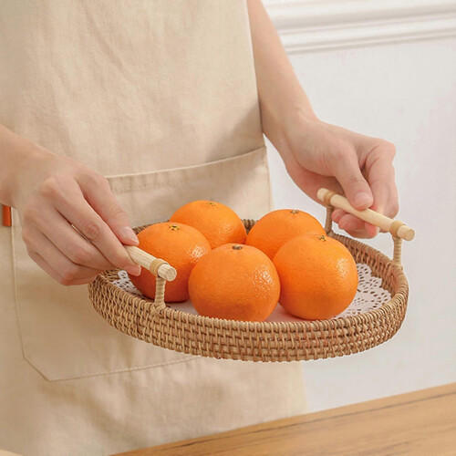 (22cm) Handmade Round Basket With Handle Coffee Tea Serving Tray Holder 1