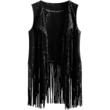 (Black, XXL) Gilet da donna stile cowgirl retrò anni '70 con frange, compatibile con camicie e top.