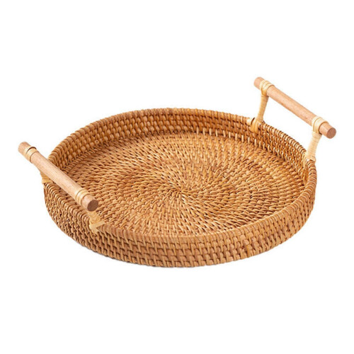 (24cm) Handmade Round Basket With Handle Coffee Tea Serving Tray Holder