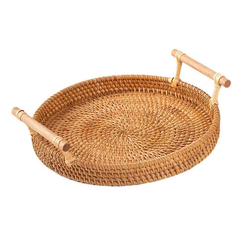 (22cm) Handmade Round Basket With Handle Coffee Tea Serving Tray Holder 2